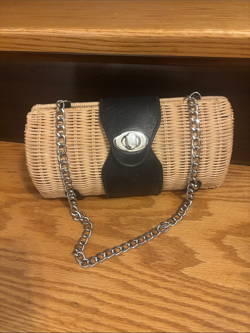 Woven Straw Clutch with Black Leather Accent